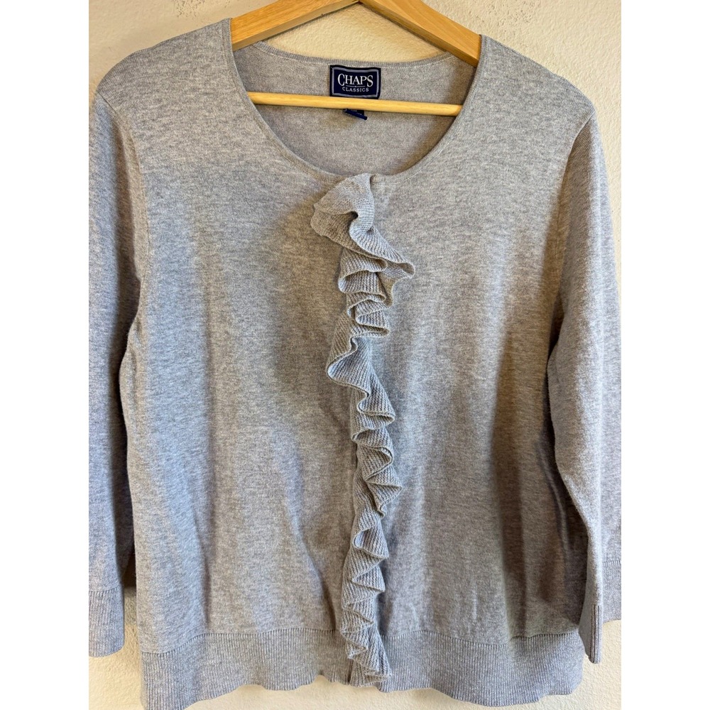 Chaps Women's XL Gray Knit Cardigan Sweater Round Neck Full Zip Ruffle